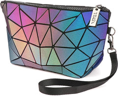 Geanta portfard dama holografic luminos cu triunghiuri multicolore