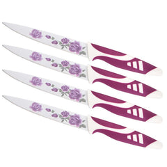 Cuțite Bucătărie 4/set, Lamă Inox Decor Floral si Mâner Antiderapant 23cm Diferite Culori