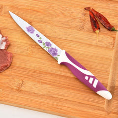 Cuțite Bucătărie 4/set, Lamă Inox Decor Floral si Mâner Antiderapant 23cm Diferite Culori