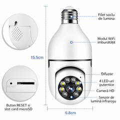 Cameră Supraveghere Wi-Fi Panoramică Tip Bec E27 cu Filet, Rotire 360°, o Singură Unitate de Supraveghere, Vedere Nocturnă LED 15.5cm, Audio Bidirecțional, Control prin Telefon 