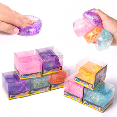 Cub Antistres 12/set, Glitter Ice Cube 4x4cm, Jucărie Senzorială Squishy din Gel Elastic, cu Textură Crystal Stretch & Squeeze 