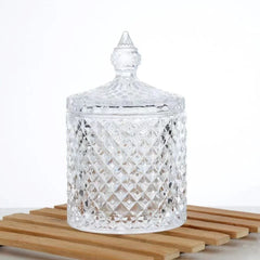 Recipient cu Capac 13.5cm, din Sticlă, Model Diamant, Transparent