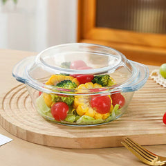 Vas Rotund 18x8.5cm cu Capac, din Sticlă Termorezistentă 1L, pentru Cuptor și Gătit, Model Transparent