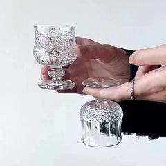 Pahar cu Picior 7cm, din Sticla 6/set, Model Floral, Transparent