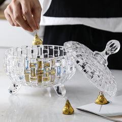 Bombonieră din Sticlă 17x15cm, cu Picior și Capac, Model Cristal Împletit