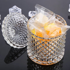Recipient cu Capac 13.5cm, din Sticlă, Model Diamant, Transparent