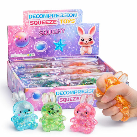 Jucărie Squeeze 12/set Iepuraș cu Sclipici 10cm, Diferite Culori