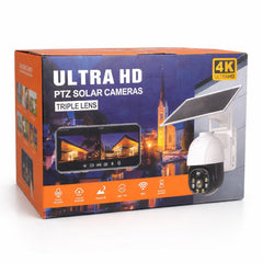 Cameră Supraveghere Solară 19cm, 4K Ultra HD, Rotire 360°, Triple Lens Design, o Cameră Reală, 2 Antene Wi-Fi, Vedere Nocturnă IR, Audio Bidirecțional, Control prin Telefon 