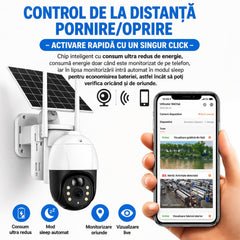 Cameră Supraveghere Solară 19cm, 4K Ultra HD, Rotire 360°, Triple Lens Design, o Cameră Reală, 2 Antene Wi-Fi, Vedere Nocturnă IR, Audio Bidirecțional, Control prin Telefon 