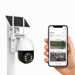 Cameră Supraveghere Solară 19cm, 4K Ultra HD, Rotire 360°, Triple Lens Design, o Cameră Reală, 2 Antene Wi-Fi, Vedere Nocturnă IR, Audio Bidirecțional, Control prin Telefon 