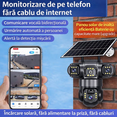 Cameră Supraveghere 4G Solară, 4 Camere Reale 360°, cu SIM, Panou Solar, 20cm, Vedere Nocturnă Color, Audio Bidirecțional, Senzor Mișcare, Control prin Telefon 