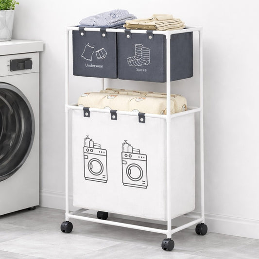 Coș Rufe 2 Niveluri 95x55x25cm, Organizator Haine cu 3 Compartimente, Structură Metalică 