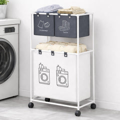 Coș Rufe 2 Niveluri 95x55x25cm, Organizator Haine cu 3 Compartimente, Structură Metalică 