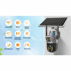 Cameră de Supraveghere 2 in 1, cu Vedere Dublă, WiFi, Panou Solar, Alarma, Baterie 10800mAh, 6MP, Detectare Mișcare, Vedere Nocturnă, Comunicare Bidirecțională, Exterior IP66 