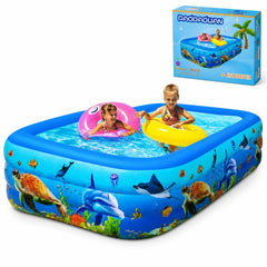 Piscină Gonflabilă 185x120x56cm, cu 3 Inele, Dreptunghiulară, Model Oceanic pentru Copii
