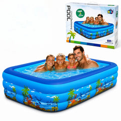 Piscina Gonflabila 210x135x54cm, cu 3 Inele, Dreptunghiulara, Model Oceanic pentru Copii, din PVC Rezistent
