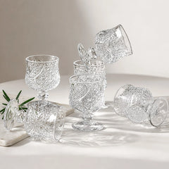 Pahar cu Picior 7cm, din Sticla 6/set, Model Floral, Transparent