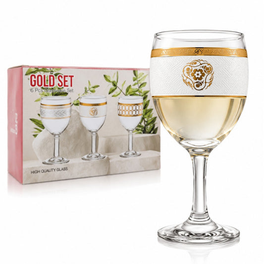 Pahar cu Picior 15cm, din Sticlă 6/set, Model Floral Auriu, Transparent