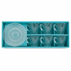 Ceasca din Sticla 6/set, cu Farfurie 14.5cm, Model cu Soare, 7x9cm