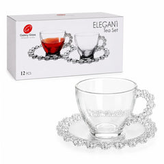 Cana 7cm cu Farfurioara 13.5cm, din Sticla 6/set, Model Floricele cu Maner, Transparenta 