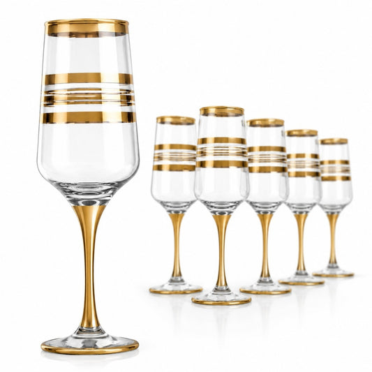 Pahar Flute 6/set, cu Picior 22cm, Model cu Decor Auriu, Transparent