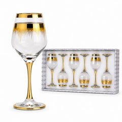 Pahar cu Picior 6/set, din Sticlă 20.5cm, Model Auriu cu Linii Decorative, Transparent