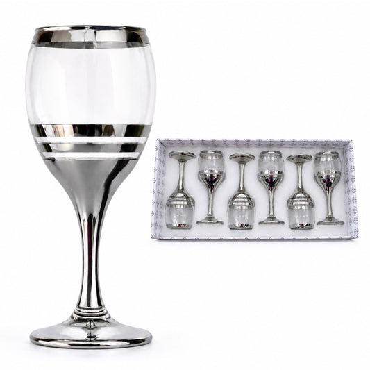 Pahar cu Picior 6/set, din Sticlă 18cm, Model Argintiu cu Dungi Decorative, Transparent
