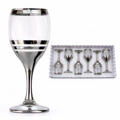 Pahar cu Picior 6/set, din Sticlă 18cm, Model Argintiu cu Dungi Decorative, Transparent
