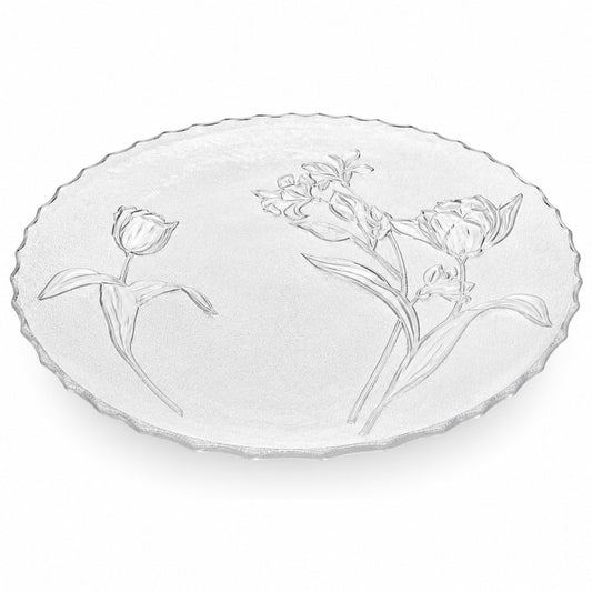 Platou din Sticla 30cm, Model Floral, Rotund