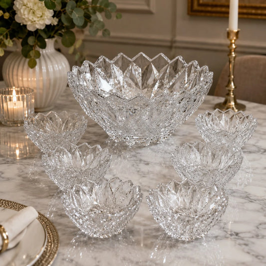 Bol din Sticlă 7/set, Model Cristal, cu 6 Boluri Mici și Bol Mare 23.5x11.5cm, Transparent