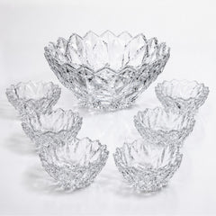 Bol din Sticlă 7/set, Model Cristal, cu 6 Boluri Mici și Bol Mare 23.5x11.5cm, Transparent