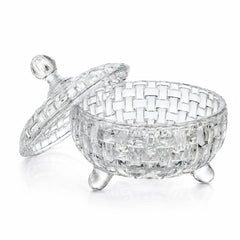 Bombonieră din Sticlă 17x15cm, cu Picior și Capac, Model Cristal Împletit