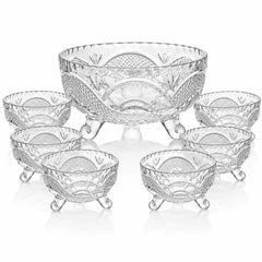 Bol din Sticlă 7/set, cu Picior și Textură Cristal, cu 6 Boluri Mici și Bol Mare 16x9cm, Transparent