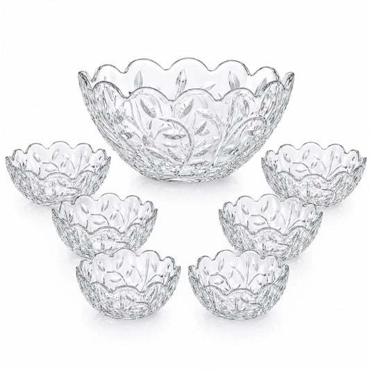 Bol din Sticlă 7/set, Model Cristal Floral, cu 6 Boluri Mici și Bol Mare 23x10cm, Transparent