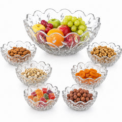 Bol din Sticlă 7/set, Model Cristal Floral, cu 6 Boluri Mici și Bol Mare 23x10cm, Transparent