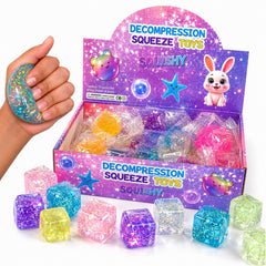 Cub Antistres Glitter 24/set, Ice Cube 3x3cm, Jucărie Senzorială Squishy din Gel Elastic, Stretch & Squeeze, Diferite Culori 