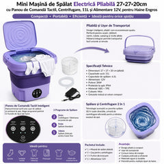 Mini Masina de Spalat Electrică Pliabilă 27×27×20cm, cu Panou de Comandă Tactil, Centrifugare, 11L si Alimentare 12V, pentru Haine