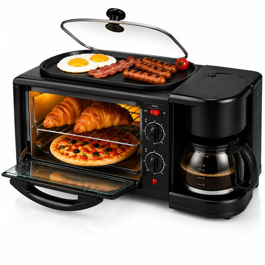 Aparat Multifuncțional 3 în 1 pentru Mic Dejun, 46.7x 28x21cm, Cuptor Electric 9L, Cafetieră 500ml și Plită Superioară, 2800W, SC-206 