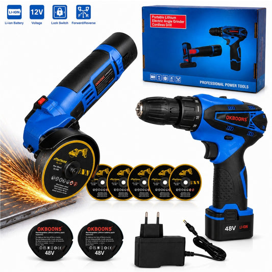 Flex Unghiular și Bormașină cu Acumulator 48V, 2 Baterii, 5 Discuri, Încărcător, OKBOONS