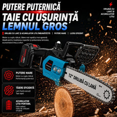 Drujba Electrica cu Acumulator 65cm, Lamă 12, 48V, 2 Acumulatori, Încărcător, Cheie și Cutie de Transport