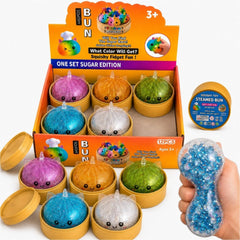 Jucarie Squishy Dumpling, Model Unicorn cu Sclipici și Bile Mari în Interior 10 cm, în Cutie din Plastic, Antistres, Super Moale și Elastică, Diferite Culori
