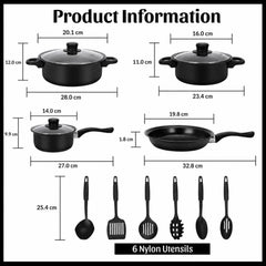 Vase de Gătit 13 Piese, 3 Oale și Tigaie 14–22cm, Antiaderente, 3 Capace din Sticlă Termorezistentă, 6 Ustensile 26cm din Nylon 