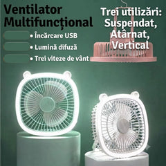 Ventilator Portabil Multifuncțional cu Lumină LED, 19cm, USB Reîncărcabil, 3 Trepte de Viteză, Suport Reglabil și Mâner pentru Agățare, Diferite Culori
