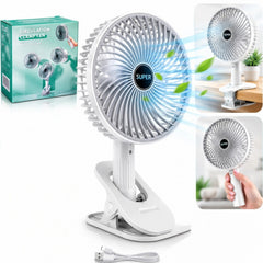 Ventilator Portabil cu Clemă 30×16cm, USB Reîncărcabil, 3 Trepte de Viteză, Rotire Reglabilă 360°