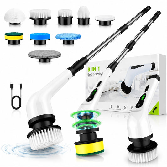 Perie Electrică de Curățare 9 în 1, 25W, 110–120cm Reîncărcabilă USB, Mâner Telescopic Extensibil, 9 Capete Interschimbabile, Multifunctionala 
