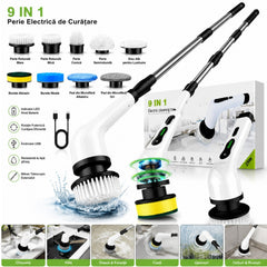 Perie Electrică de Curățare 9 în 1, 25W, 110–120cm Reîncărcabilă USB, Mâner Telescopic Extensibil, 9 Capete Interschimbabile, Multifunctionala 