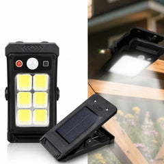 Lampă Solară LED 17x8cm, Tip Clește Reglabil, 6 LED-uri COB Puternice, Senzor de Mișcare, Panou Solar Integrat, Montaj Rapid pe Gard sau Balustradă, Rezistentă la Apă