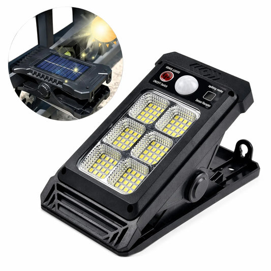 Lampă Solară LED 17x8cm, Tip Clește Reglabil, 6 LED-uri COB Puternice, Senzor de Mișcare, Panou Solar Integrat, Montaj Rapid pe Gard sau Balustradă, Rezistentă la Apă