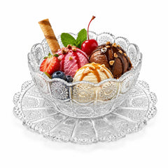 Cupa 11x5.5cm, cu Farfurie 14cm din Sticlă, 6/set pentru Înghețată, Model Cristal