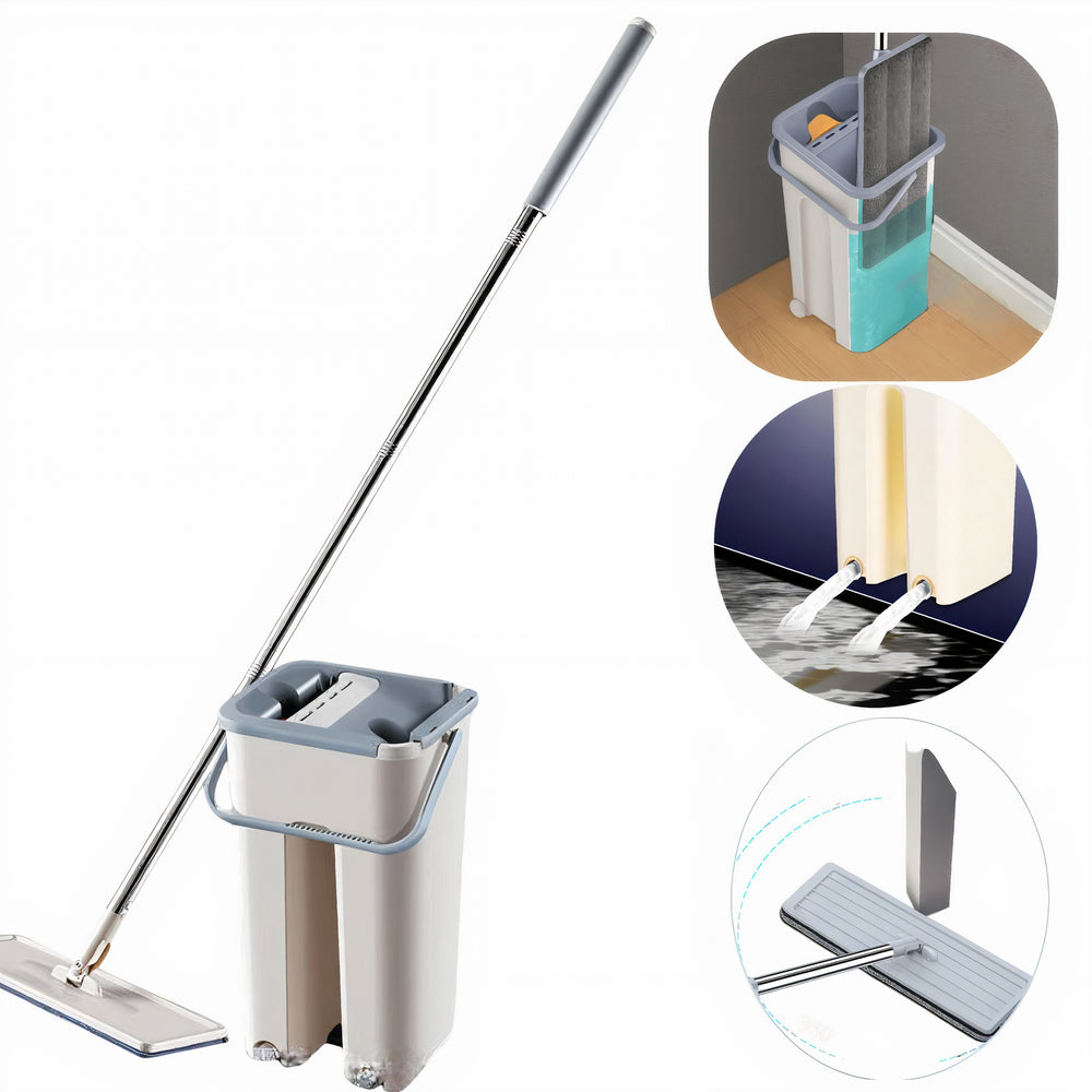 Mop Plat 33x12x121cm cu Găleată cu Stoarcere Automată și Sistem de Curățare 35x18cm Coada Metalica, Drenaj Dublu Engros